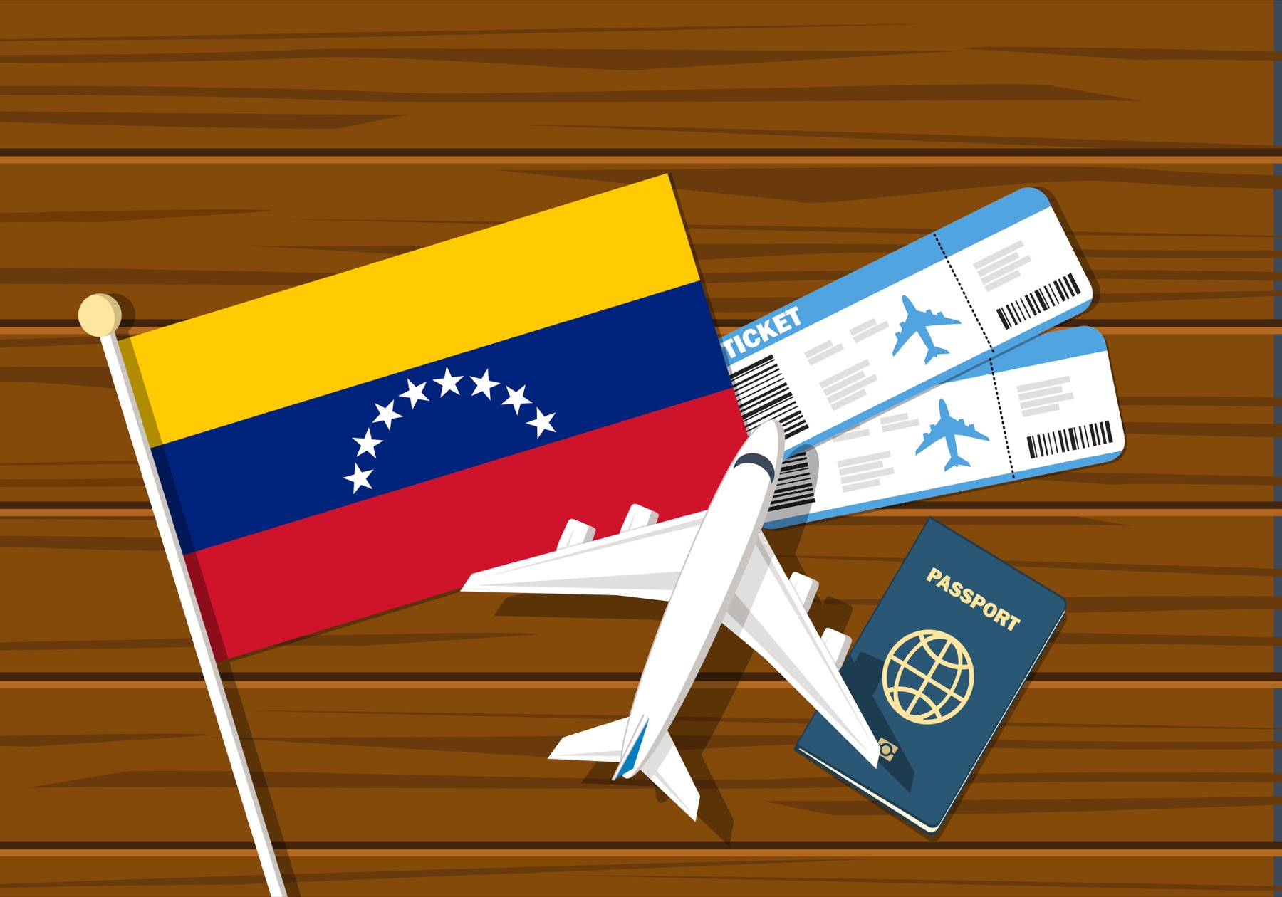 Illustration of a Venezuelan flag, passport, boarding passes and model airplane